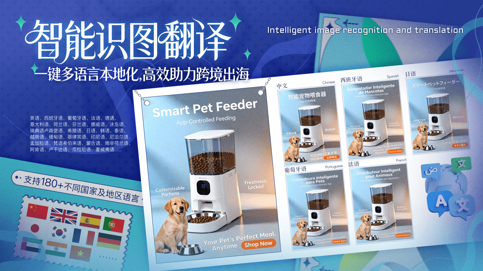 图片翻译功能示意：智能识图翻译，支持 180+ 国家及地区语言